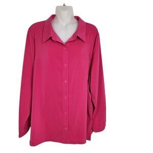 Susan Graver Womens Shirt Size 14 Stretch Peachskin Button Front Big Pink Hi Low